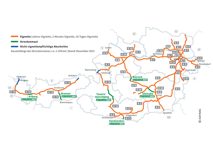 Vignettenpflichtiges Straßennetz Österreich 2021 © Asfinag Streckenmaut Österreich_Stand 2021 Asfinag