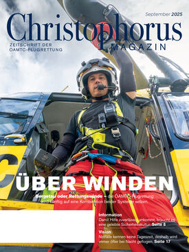 Titelbild von Christophorus Magazin September 2025 mit der Schlagzeile "Über-Winden" zur Rettungswinde.