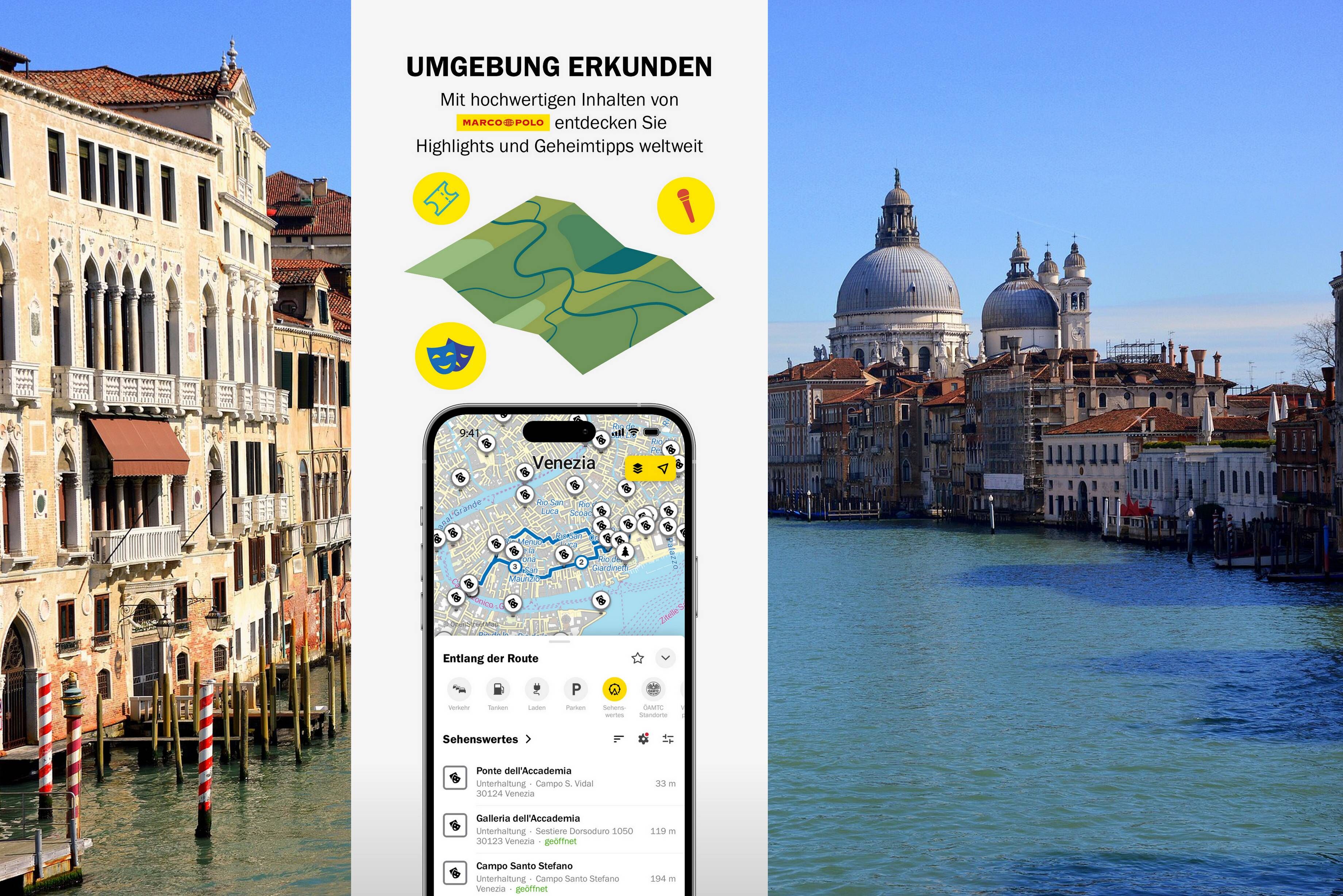 Eine Smartphone-Ansicht zeigt ÖAMTC-App mit einem Hintergrundbild von Venedig