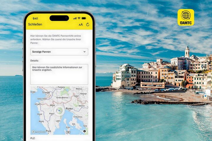 Eine Smartphone-Ansicht zeigt die Funktion "Nothilfe Assistent" der ÖAMTC-App mit dem Hintergrundbild von Santorin