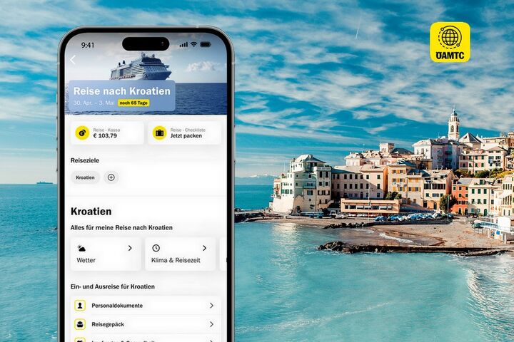 Eine Smartphone-Ansicht zeigt die Funktion "Reise planen" der ÖAMTC-App mit dem Hintergrundbild von Santorin