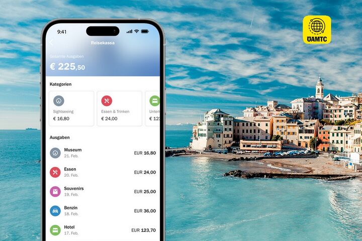 Eine Smartphone-Ansicht zeigt die Funktion "Reise-Kassa" der ÖAMTC-App mit dem Hintergrundbild von Santorin