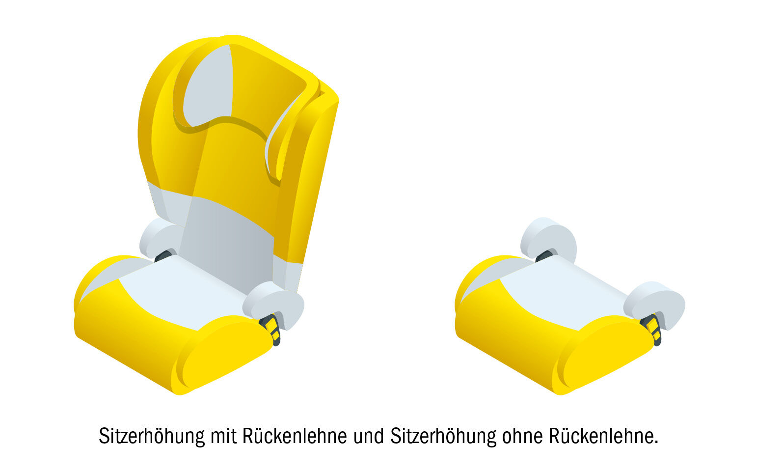 Sitzerhöhung mit Rückenlehne und Sitzerhöhung ohne Rückenlehne. Die Sitzerhöhung ist gelb und weiß, die Rückenlehne auch.