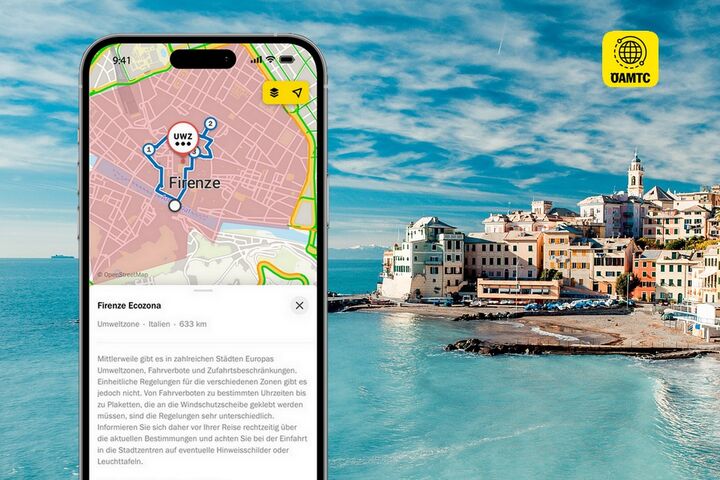 Eine Smartphone-Ansicht zeigt die Funktion "Wichtige Zusatzinfos" der ÖAMTC-App mit dem Hintergrundbild von Santorin
