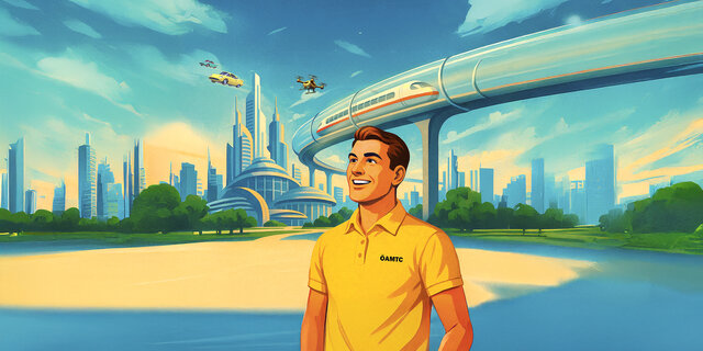 Illustration einer Person mit gelbem ÖAMTC-Poloshirt, die vor einer futuristischen Stadt steht.