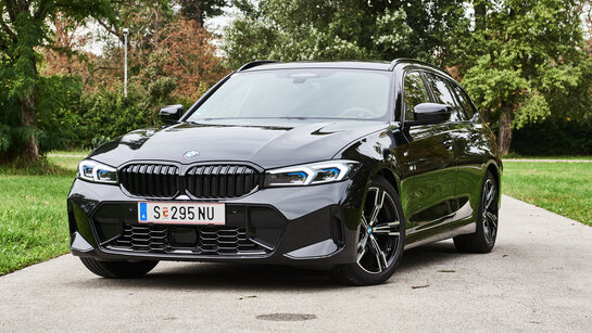 Ein schwarzer BMW steht in einem Park