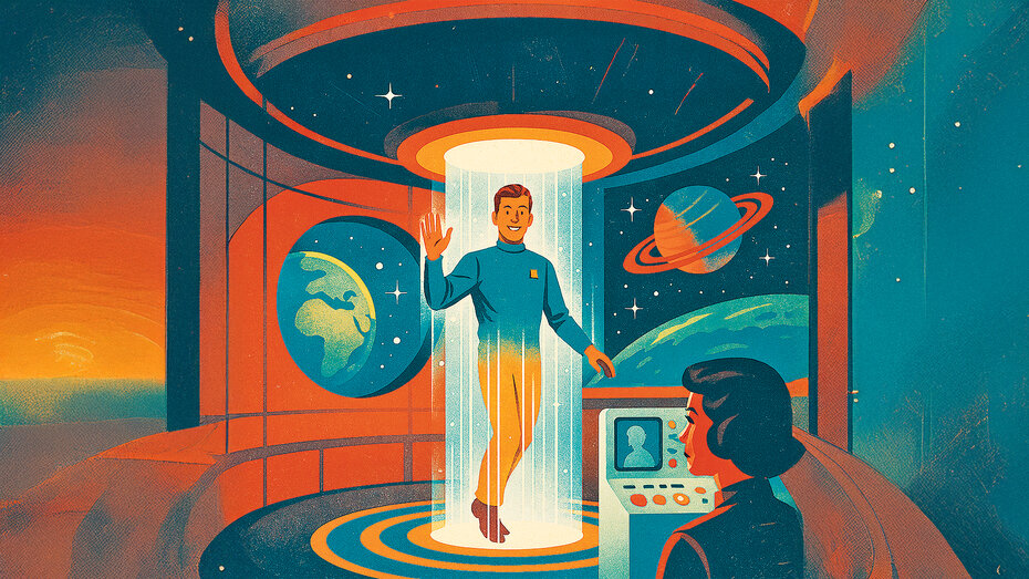 Illustration einer Person, die sich beamt. Eine andere Person steht davor und sieht zu.