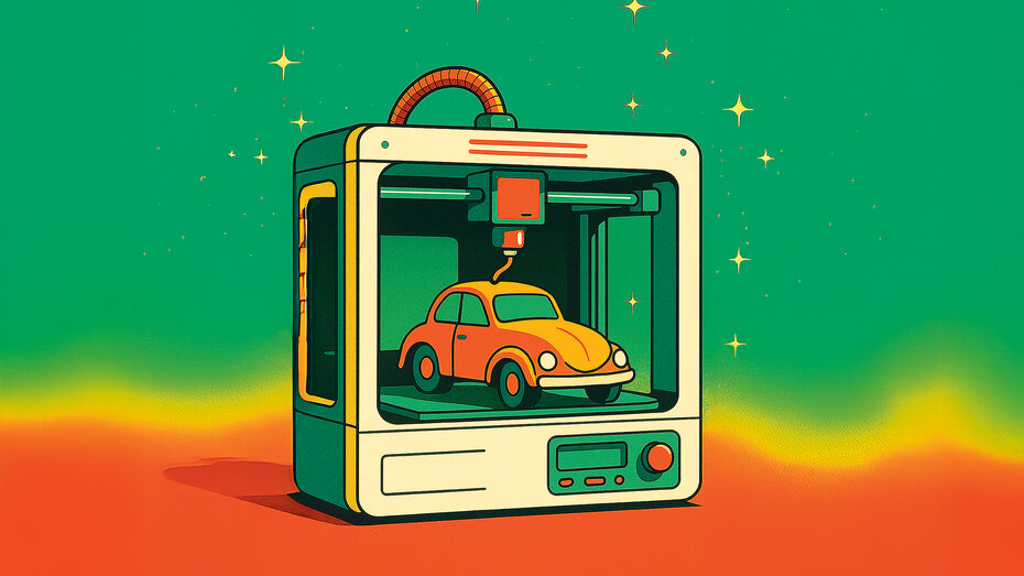 Illustration eines gelben VW Käfers, der in einem riesengroßen 3D-Drucker produziert wird