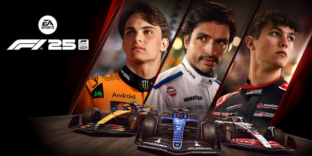 Titelbild F1 25, man sieht die Fahrer Oscar Piastri, Carlos Sainz und Oliver Bearman.