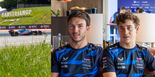 Montage aus drei Bildern mit einem Formel-1-Auto und den zwei Formel-1-Fahrern Pierre Gasly und Franco Colapinto.
