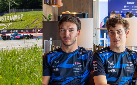 Montage aus drei Bildern mit einem Formel-1-Auto und den zwei Formel-1-Fahrern Pierre Gasly und Franco Colapinto.