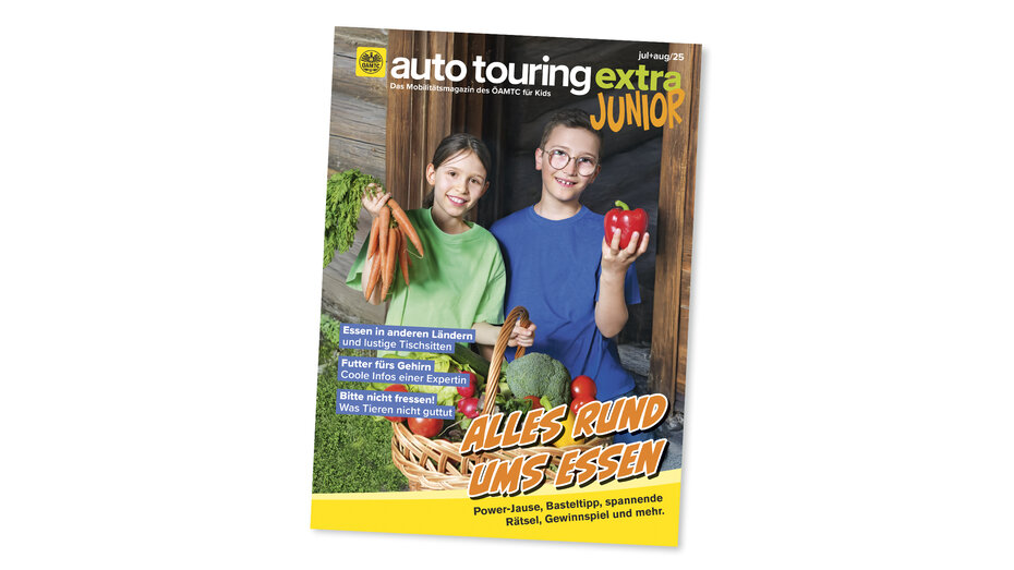 Cover des Junior-Magazins, zu sehen: 2 Kinder (ein Mädchen und ein Bub) sitzen vor einer Blockhütte und halten Gemüse in den Händen.