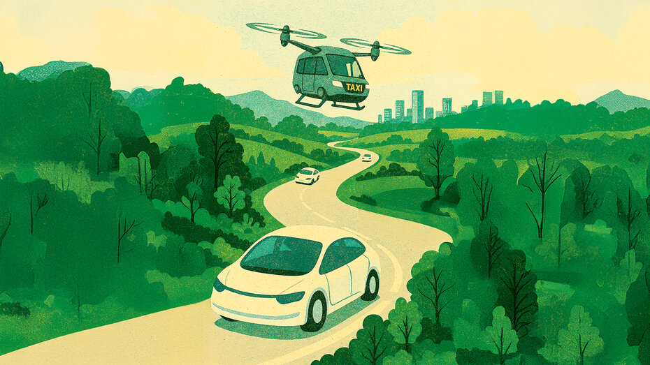 Illustration selbstfahrenden Autos, das durch eine grüne Landschaft fährt. Darüber fliegt eine Drohne.