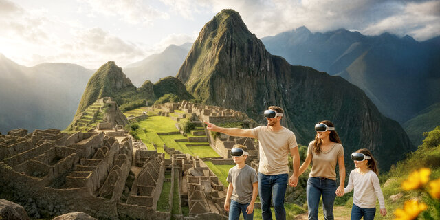 Visual der immersiven Ausstellung von Machu Piccu. Eine Familie mit VR-Brille im Hintergrund die Bergwelt bei Machu Piccu.