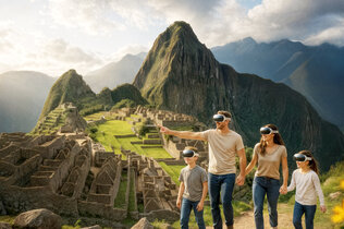 Visual der immersiven Ausstellung von Machu Piccu. Eine Familie mit VR-Brille im Hintergrund die Bergwelt bei Machu Piccu.