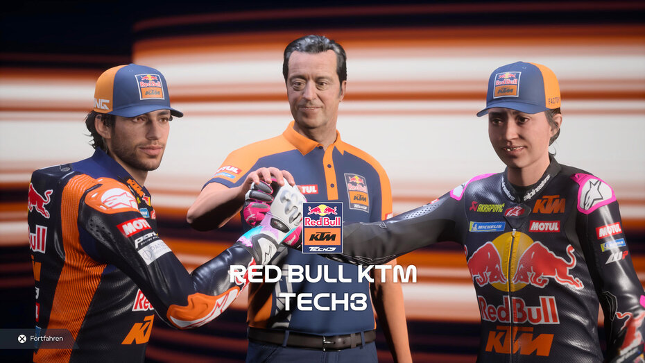 Screenshot aus dem Spiel "MotoGP 25". Mein Avatar mit ihrem Team, die Figuren schütteln sich die Hände.
