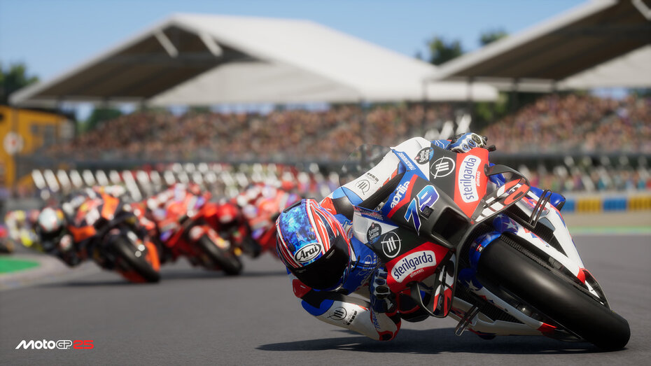 Screenshot aus dem Spiel "MotoGP 25". Mehrere Fahrer im Rennen.