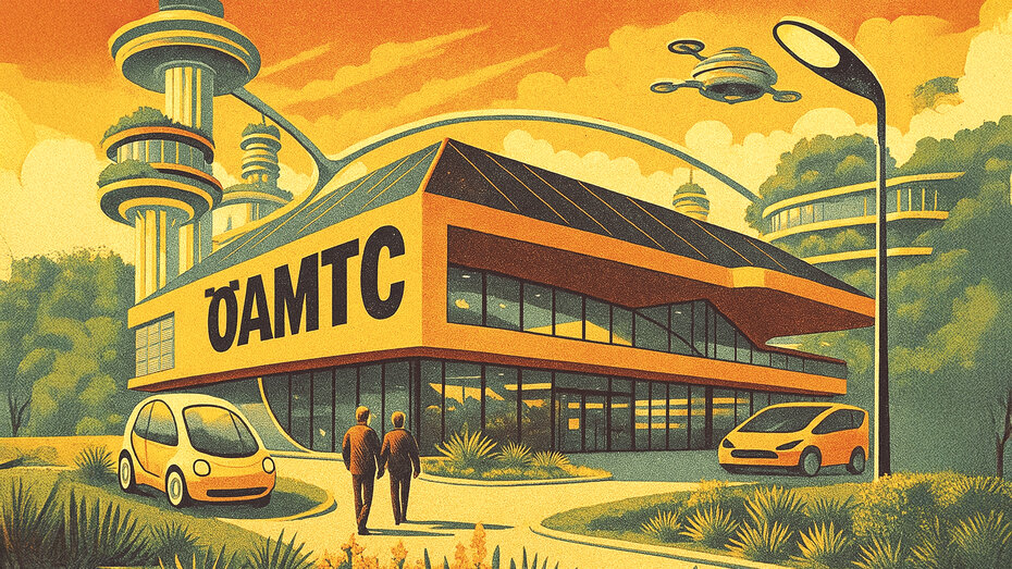 Illustration eines futuristischen ÖAMTC Stützpunktes.