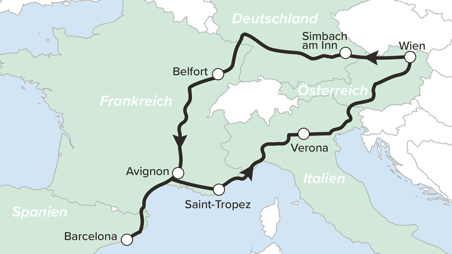 Routenkarte von Wien nach Barcelona