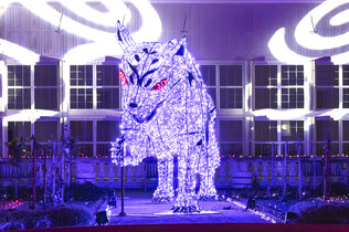 Gruselig lila leuchtender Panter auf Schloss Hof. Lichtinstallationen an Halloween.