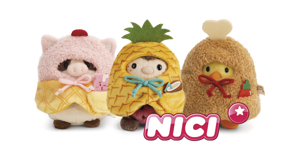 3 Stofftiere von Nici kostümiert als: Schwein, Ananas und Hühnerkeule.