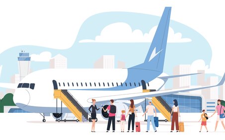Eine Illustration mit Flugzeug und Passagieren. Die Passagiere warten draußen bevor sie einsteigen.