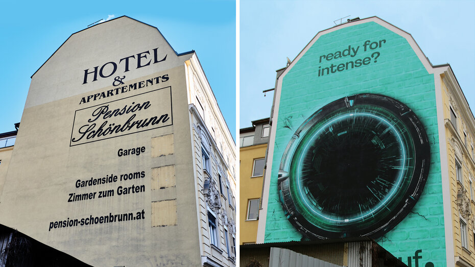 2 Bilder: Links ist eine Hauswand in Wien zu sehen, rechts dieselbe Wand, nun mit gespraytem Werbesujet.