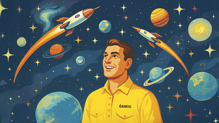 Illustration einer Person mit gelbem ÖAMTC-Poloshirt, die auf den Nachthimmel voller Raketen, Raumschiffe und Sterne blickt.