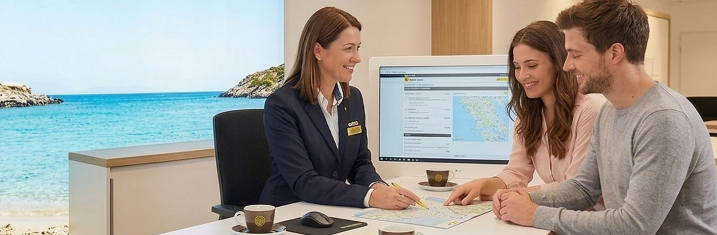 zeigt eine Beratung im ÖAMTC Reisebüro - ein junges Paar am Beratungstisch gegenüber einer ÖAMTC REISEN Beraterin