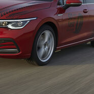 Auf dem Bild ist ein Teil eines roten Autos zu sehen, das durch eine Landschaft fährt. Auf der Tür des Autos steht in schwarzer Schrift "50 Jahre Reifen-Test".