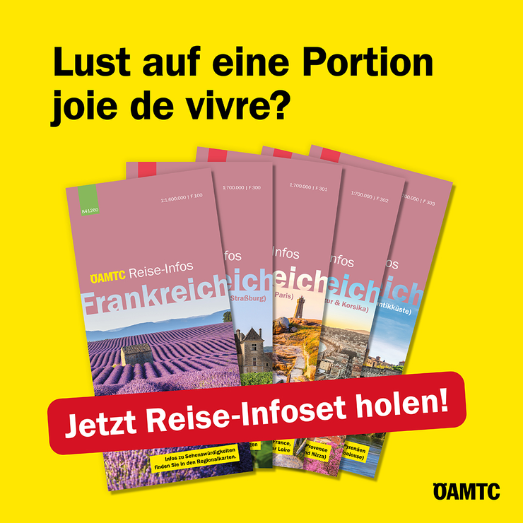 Abbildung der ÖAMTC Reise-Infoset Karten für Frankreich vor gelbem Hintergrund mit dem Hinweis "Jetzt Reise-Infoset holen!"