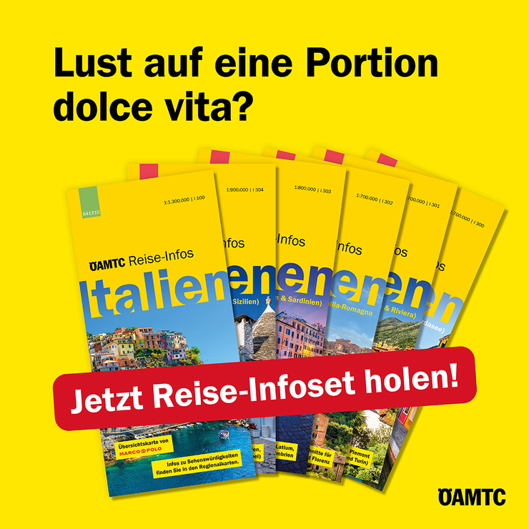 Abbildung der ÖAMTC Reise-Infoset Karten für Italien vor gelbem Hintergrund mit dem Hinweis "Jetzt Reise-Infoset holen!"