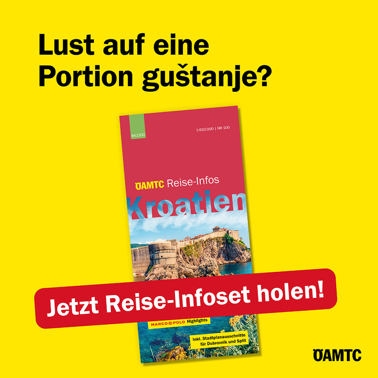 Abbildung der ÖAMTC Reise-Infoset Karten für Kroatien vor gelbem Hintergrund mit dem Hinweis "Jetzt Reise-Infoset holen!"