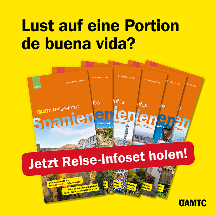 Abbildung der ÖAMTC Reise-Infoset Karten für Spanien vor gelbem Hintergrund mit dem Hinweis "Jetzt Reise-Infoset holen!"