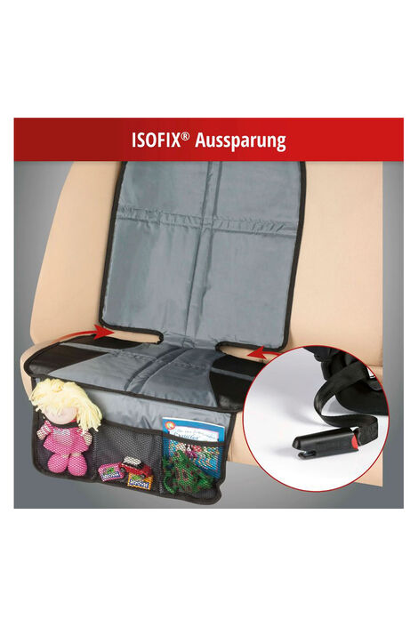 11792 Tidy Fred g4 Kindersitzunterlage mit ISOFIX Aussparung ist auf einem Autorücksitz. In den Netztaschen sind Spielsachen.