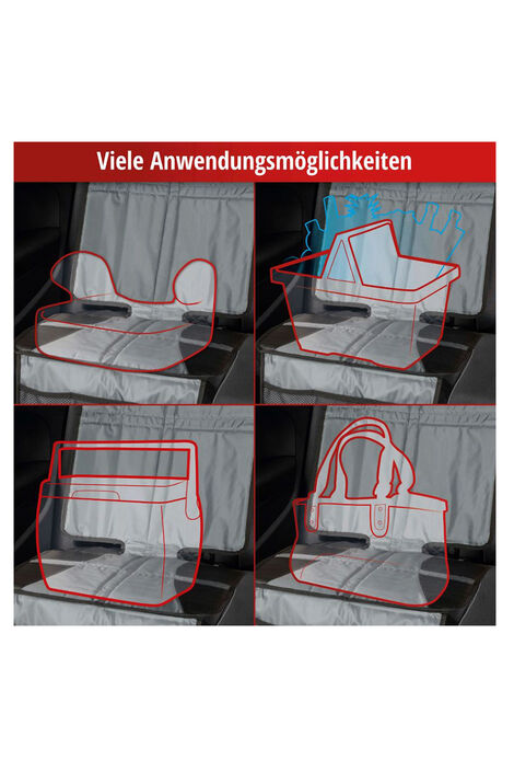 11792 Tidy Fred g6 Eine Collage aus vier Bildern auf denen man verschiedene Einsatzmöglichkeiten der Unterlage sieht. Eine Auto-Sitzerhöhung, eine Kühlbox, eine Handtasche und ein Einkaufskorb sind abgebildet.
