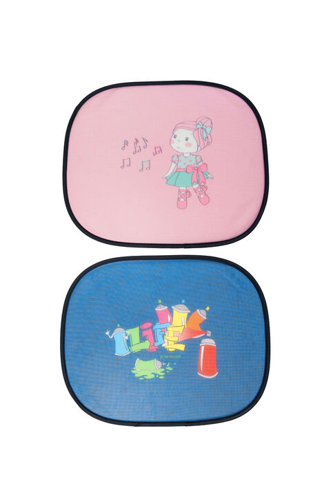 13702 u 13707 Kinder Sonnenschutz beide Der rosafarbener Sonnenschutz mit der Ballerina liegt oberhalb des blauen Sonnenschutz mit Graffitimotiv.