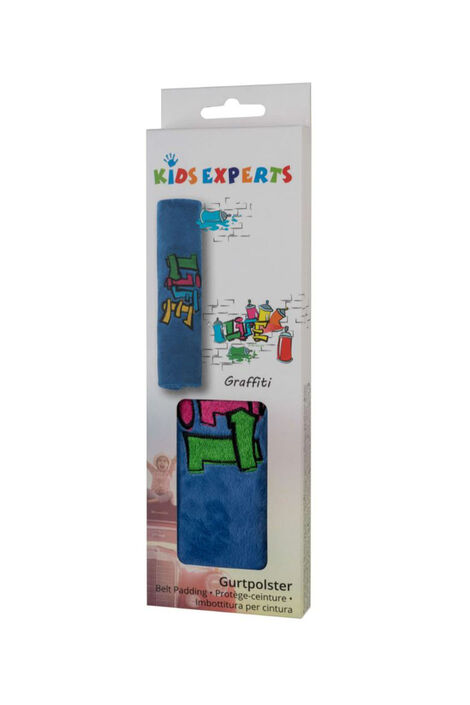 13705 Kinder Gurtpolster graffiti g3 Verpackung des Gurtpolsters zeigt den Gurtpolster und Spraydosen. Eine Öffnung erlaubt das Anfassen des Stoffes.