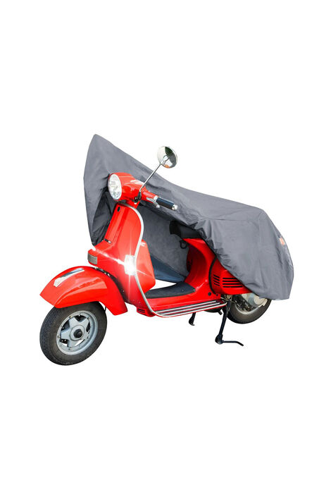 Rotes Motorrad, das zur Hälfte von einer grauen Motorradgarage bedeckt ist.