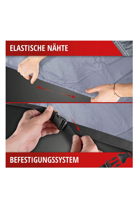 Graue Motorradgarage mit elastischen Nähten und einem Befestigungssystem.