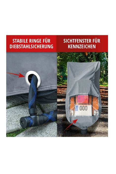 Graue Motorradgarage mit stabilen Ringen für Diebstahlsicherung und Sichtfenster für Kennzeichen.