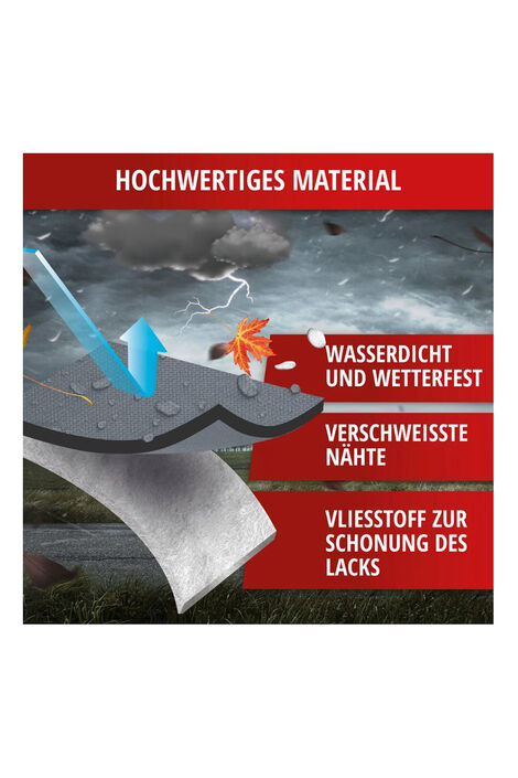 Die Motorradgarage ist aus hochwertigem Material, welches wasserdicht und wasserfest ist mit verschweißten Nähten sowie Vliesstoff zur Schonung des Lacks. 