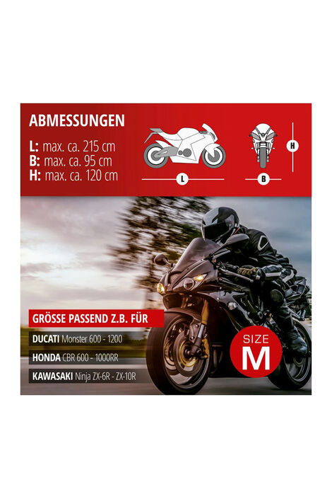 Motorradgarage in der Größe M mit den Maßen 215 × 95 × 120 Zentimeter.