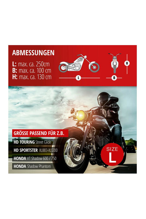 Motorradgarage in der Größe L mit den Maßen 250 × 100 × 130 Zentimeter.