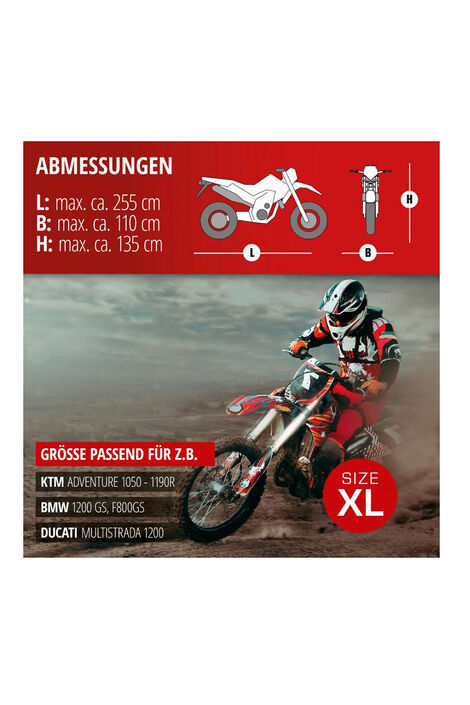 Motorradgarage in der Größe XL mit den Maßen 255 × 110 × 135 Zentimeter.
