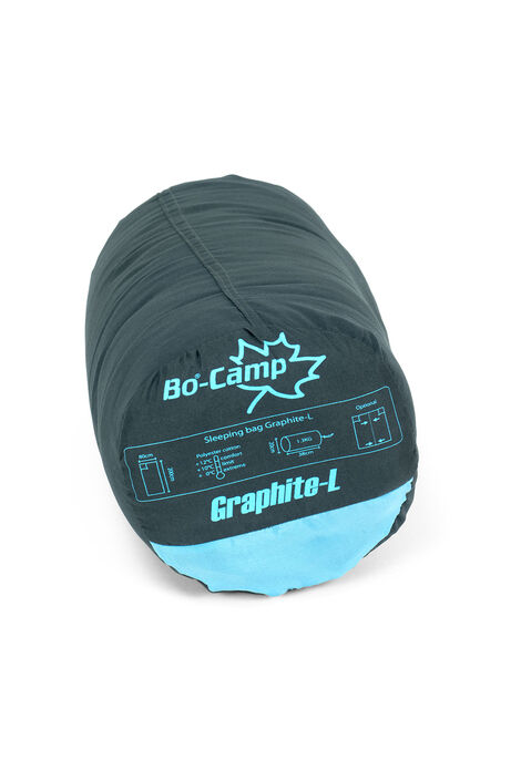 Schlafsack zusammengerollt und in grau-hellblauer Hülle.