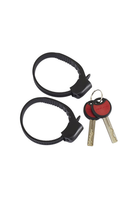 Zwei Schlüssel und zwei schwarze Plastik Bänder mit Einrastfunktion zur Befestigung des Schlosses am Fahrrad.