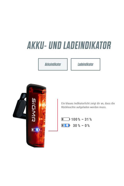 Blaues Indikatorlicht, zeigt an, dass die Rückleuchte aufgeladen werden muss. Sobald nur noch 30 Prozent Akku vorhanden sind fängt es an zu leuchten.
