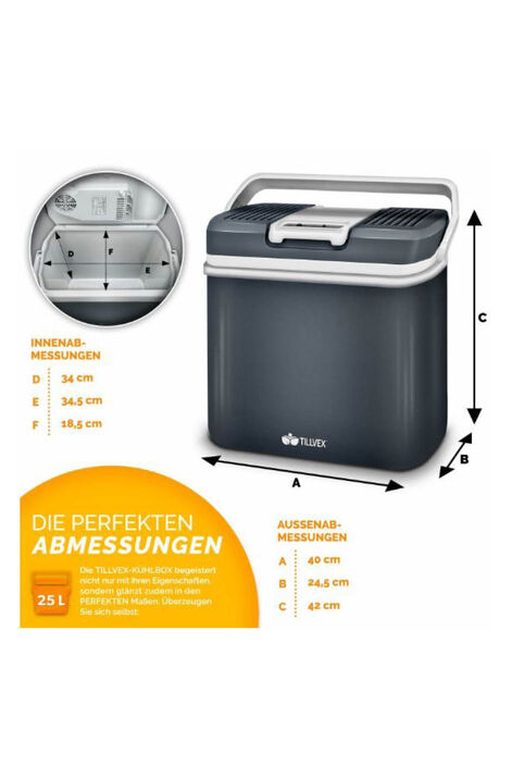 16283 Tillvex 24l-02_g Die Maße der grau-weißen Kühlbox werden auf dem Bild dargestellt.