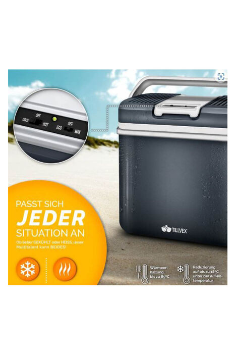 16283 Tillvex 24l-03_g Grau-weiße Kühlbox steht am Strand. Auf einer Nahaufnahme der Einstellungen sieht man wie die Kühlbox eingestellt ist.